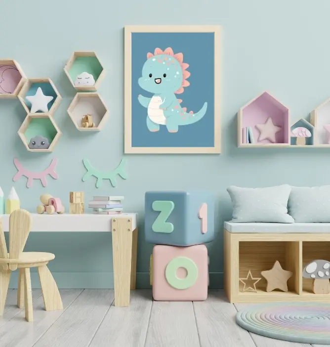 Barnerom med pastellfarger, lekeblokker og illustrasjon av en søt dinosaur på veggen