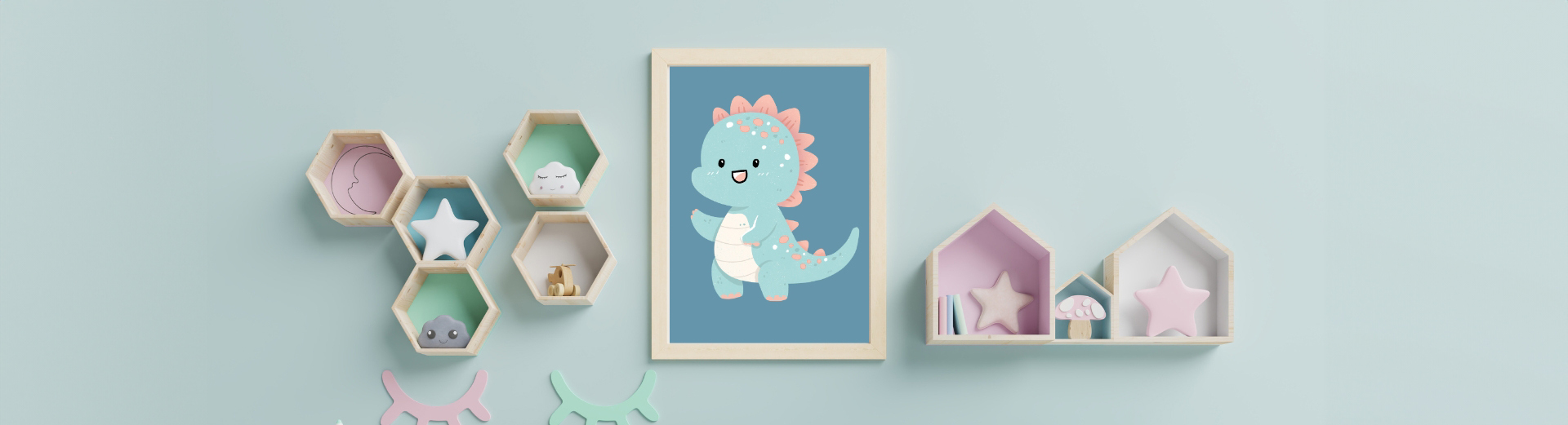 Illustrasjon av en søt dinosaur i pastellfarger plassert i en treramme på en lyseblå vegg Illustrasjon av en søt dinosaur i pastellfarger plassert i en treramme på en lyseblå vegg