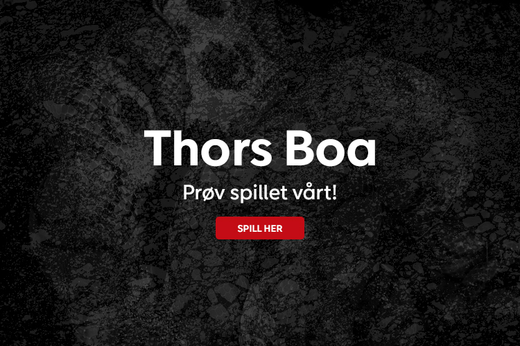 Banner med mørk tekstur og slangeskinnsmønster i bakgrunnen, tekst som sier "Thors Boa Prøv spillet vårt!", og en rød knapp med teksten "Spill her"