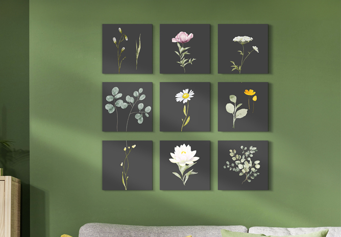 Ni bilder med botaniske motiver på mørke bakgrunner, hengt opp på grønn vegg i 3x3 rutenett