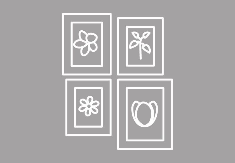 Tegning av fire bilderammer med blomsterillustrasjoner, arrangert i et rutenett med to rader og to kolonner