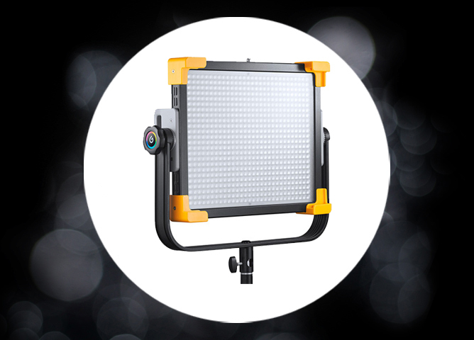 LED-lys med gul-oransje hjørnebeskyttelse, svart ramme og bøyelig stativstøtte