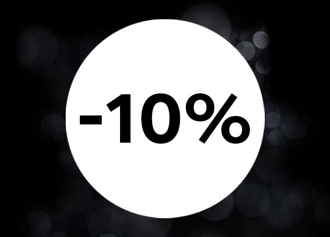 Hvit sirkel med teksten “-10 %” i fet skrift, mot en mørk bakgrunn med diffuse lysglimt