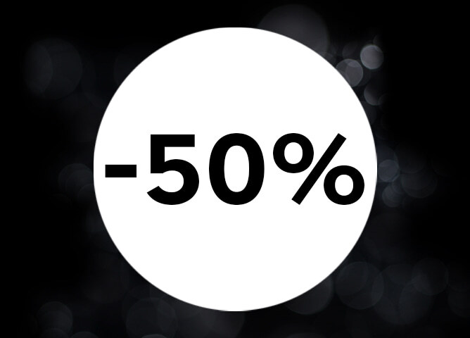 -50 prosent i hvit sirkel med svart bakgrunn