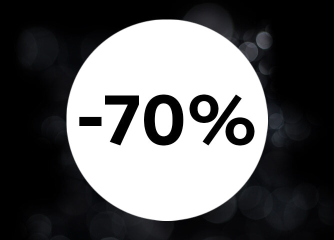 Hvitt sirkel med teksten "−70%" i svart, mot en mørk bakgrunn med lyse bokeh-effekter