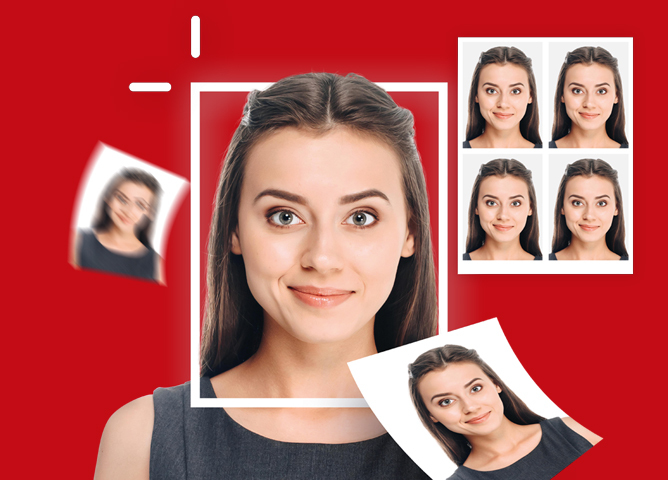Kvinne med mørkt hår sett forfra, omgitt av flere små bilder av henne på rød bakgrunn