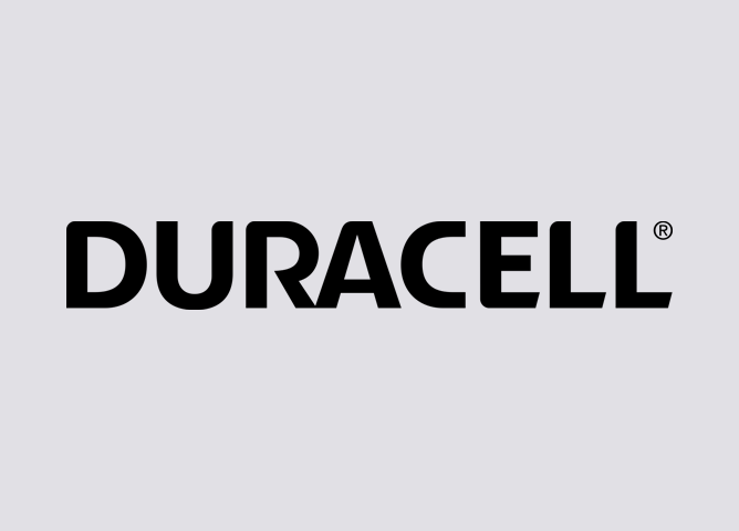 Duracell-logo med svart tekst på grå bakgrunn