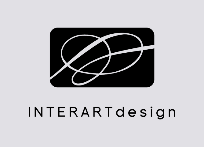 Logo for INTERARTdesign med abstrakte linjer i svart på en grå bakgrunn