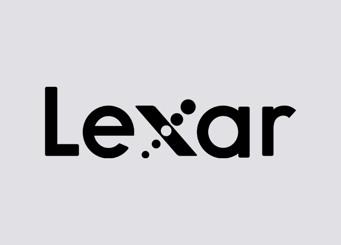 Logo med teksten "Lexar" i svart, minimalistisk design på lys grå bakgrunn
