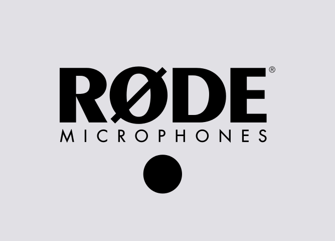 RØDE Microphones-logo i svart tekst på grå bakgrunn