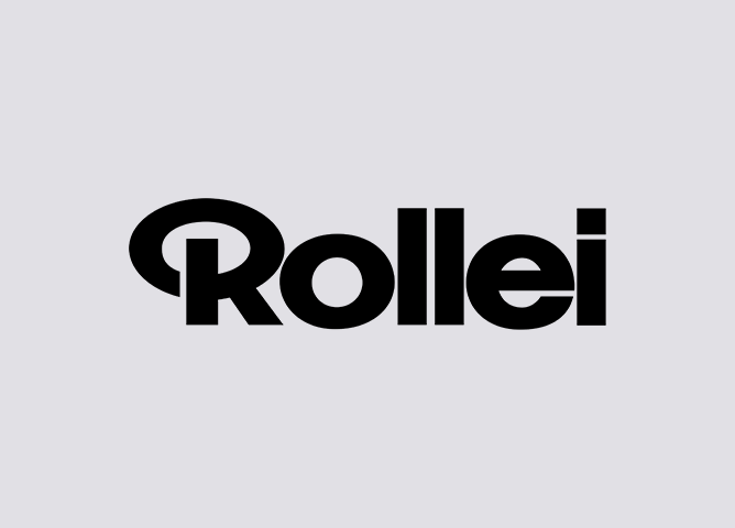 Rollei-logo i svart tekst på grå bakgrunn