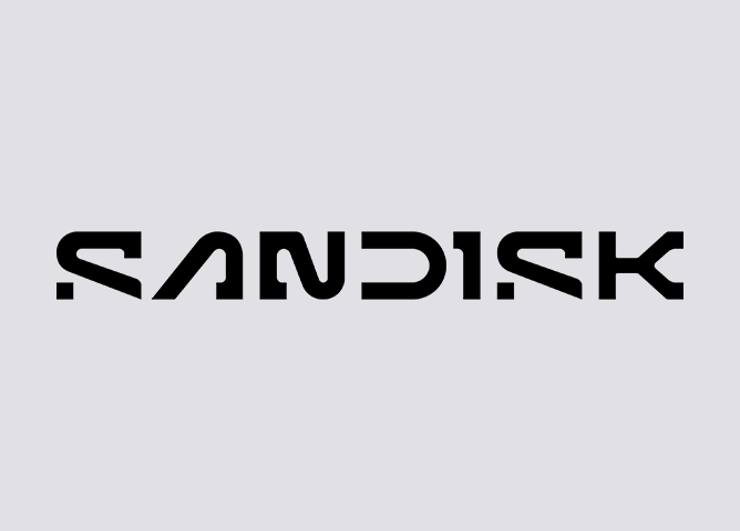 Logo for SanDisk i svart tekst med minimalistisk design på lys grå bakgrunn