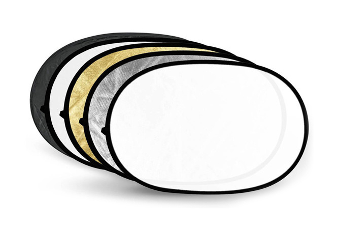 Ovalt reflektorsett i fem farger: svart, hvitt, gull, sølv og gjennomsiktig