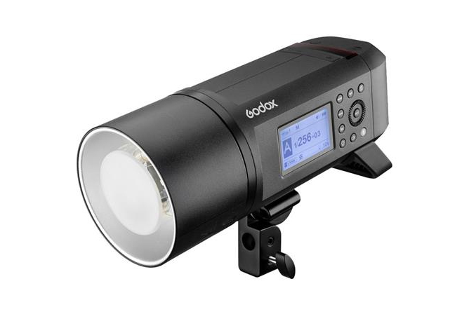 Bærbar blitsenhet i svart design med LCD-skjerm og justerbare innstillinger