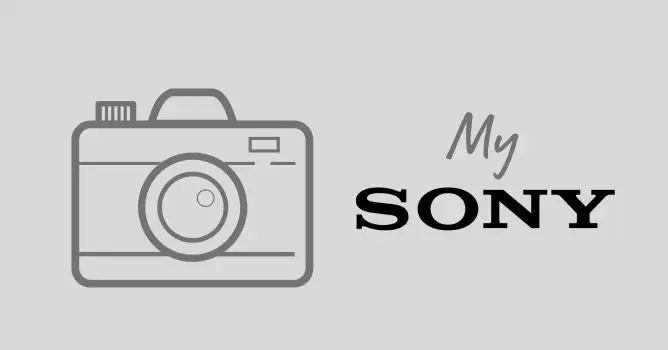 Grå illustrasjon av et kamera med teksten "My Sony" skrevet til høyre