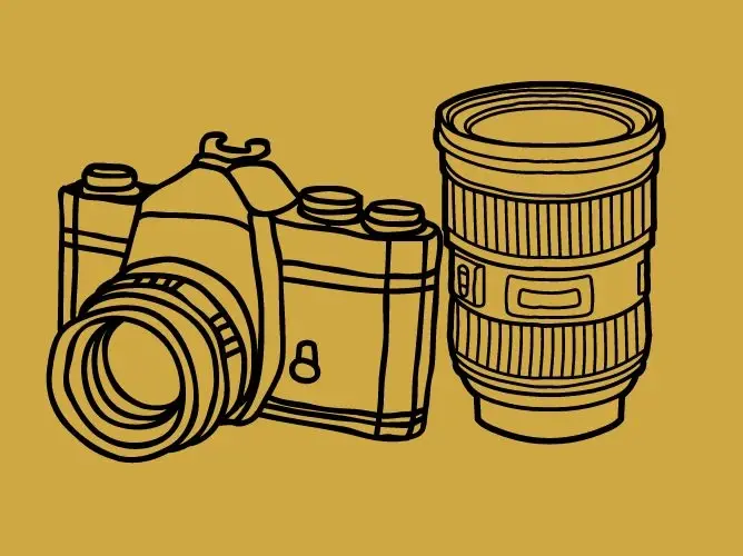 Tegning av et kamera og et utskiftbart objektiv ved siden av hverandre