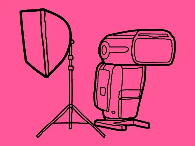 Tegning av et kamerablits og et softbox-lys på stativ