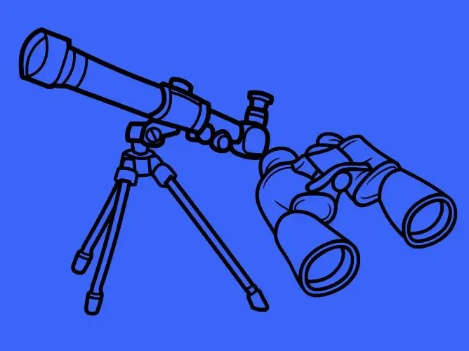 Teleskop og kikkert plassert side ved side på blå bakgrunn