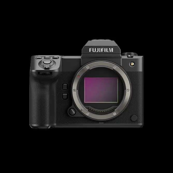 Speilløs Fujifilm-kamera uten objektiv, sett forfra med synlig sensor i midten