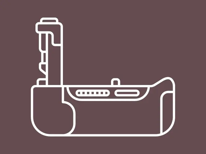 Illustrasjon av et batterigrep for et kamera, med enkel strektegning og rene linjer