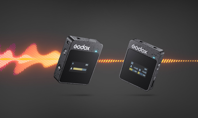 To små trådløse mikrofonmoduler med tydelige skjermer og lydbølge-animasjon i bakgrunnen