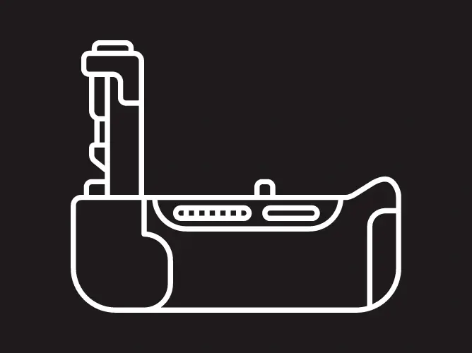 Linjetegning av et kameragrep med flere knapper og kurvede kanter