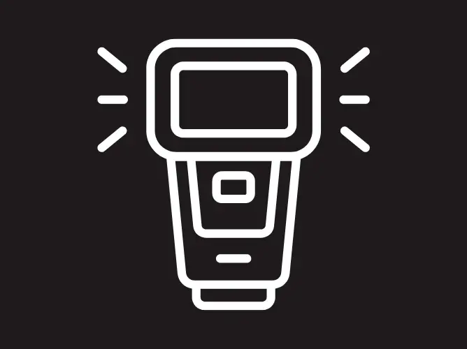 Ikon av en ekstern kamerablits med lysstråler som symboliserer aktivering