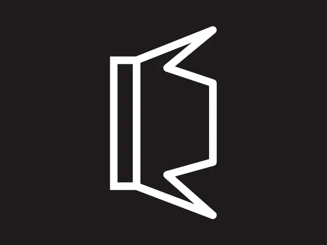 Hvit bok-ikon med åpen rygg, sett forfra på svart bakgrunn