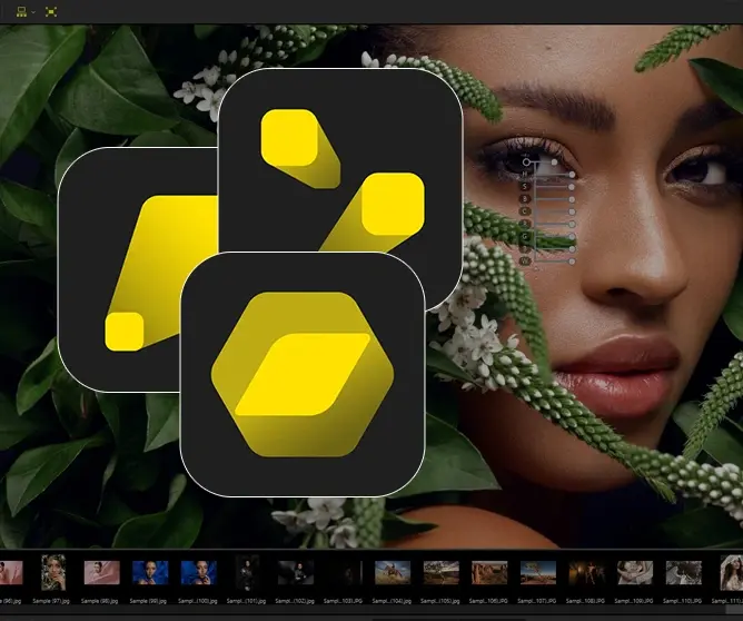 Svarte og gule app-ikoner med geometrisk design plassert over grønne blader og små hvite blomster