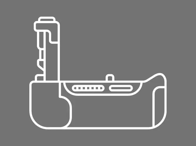 Linjetegning av et kamera-batterigrep med knapper og teksturdetaljer