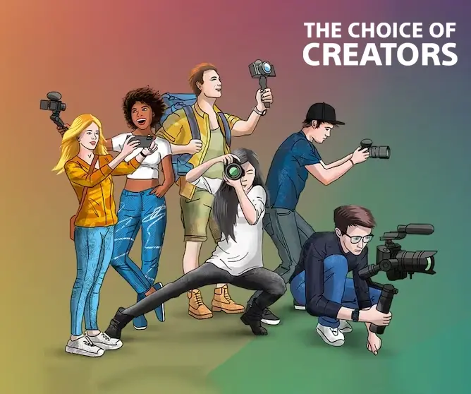 Illustrasjon av kreative innholdsskapere som bruker kameraer og videoutstyr i ulike posisjoner og med et fargerikt bakgrunnsdesign