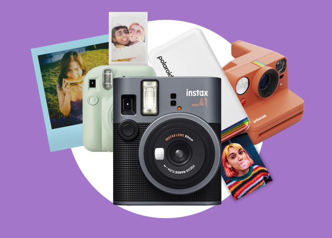 Polaroid- og Instax-kameraer med bilder og fargerike detaljer på lilla bakgrunn