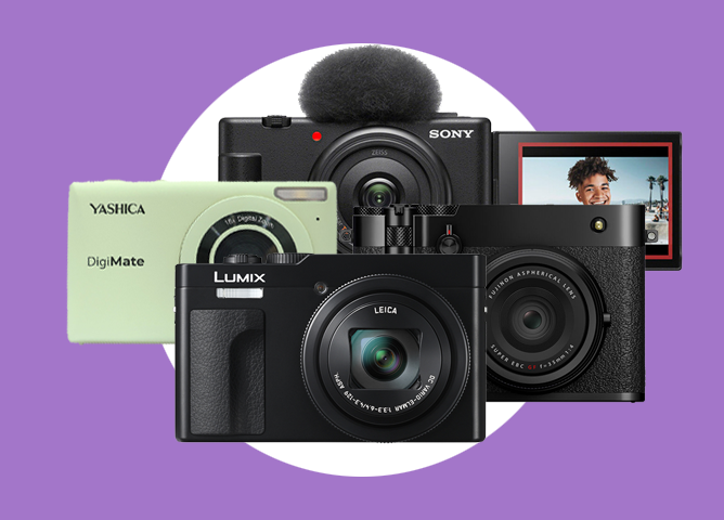 Flere moderne digitale kameraer i ulike størrelser og design mot en lilla bakgrunn