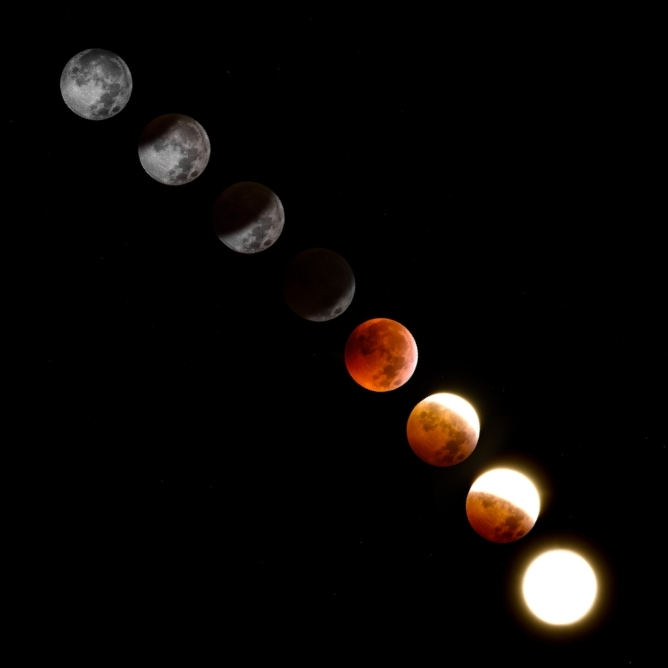 Måneformørkelse i flere faser fra mørkegrått og svart til rødt og lysende hvitt