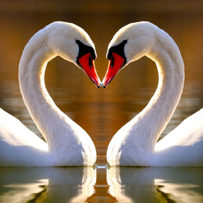 To hvite svaner som danner en hjerteform med halsene sine, med gyllen vannglød i bakgrunnen