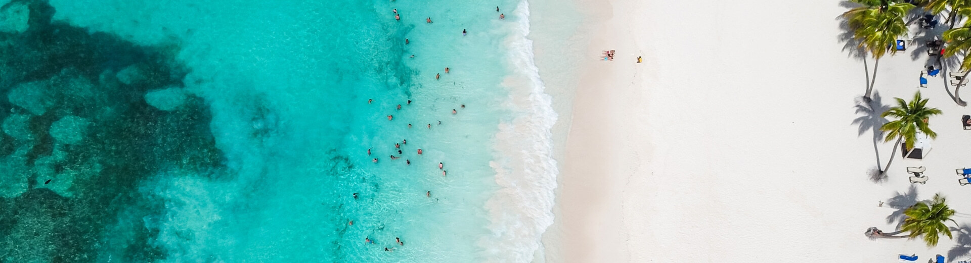 Turkist hav med badende mennesker, hvit sandstrand og spredte palmer