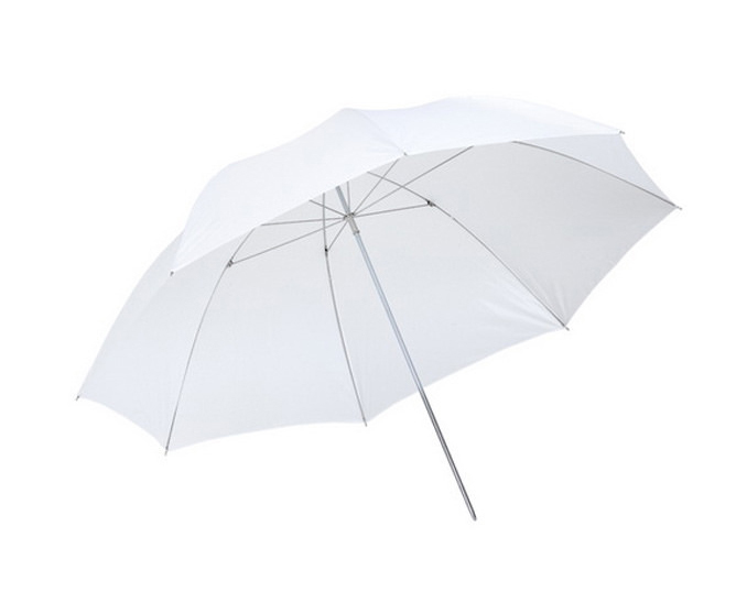 Hvit paraply med metallstang, åpen og sett fra siden Hvit paraply med metallstang, åpen og sett fra siden