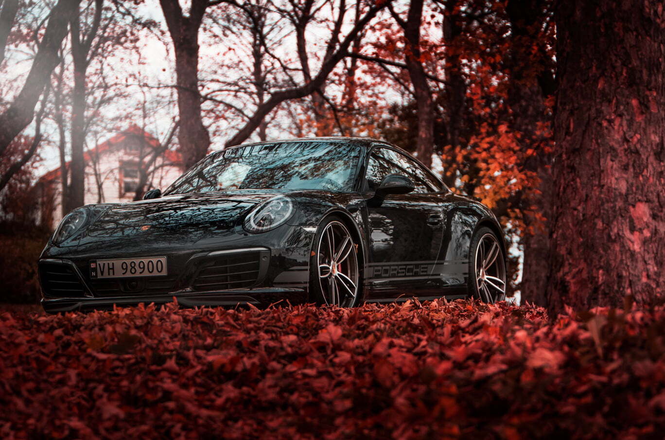 Svart Porsche 911 parkert blant røde høstblader og omringet av høsttrær