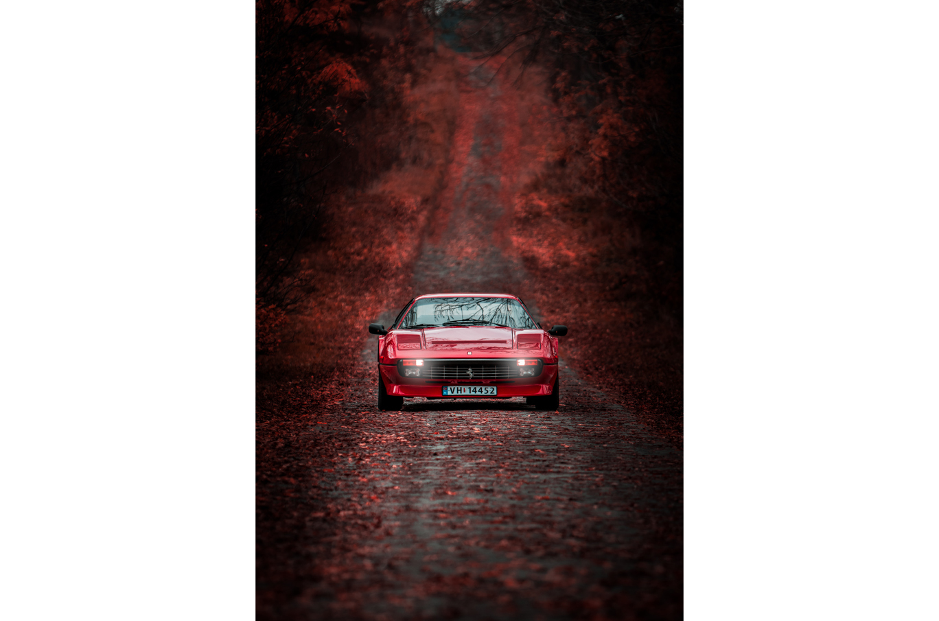 Rød sportsbil kjører på en smal skogsvei omkranset av røde høstblader