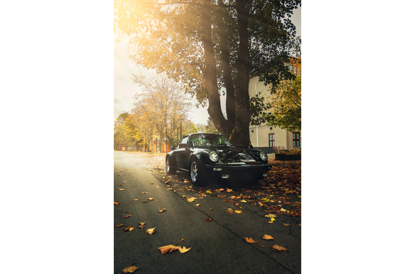 Svart klassisk sportsbil parkert langs en høstfylt gate med sollys som skinner gjennom trærne