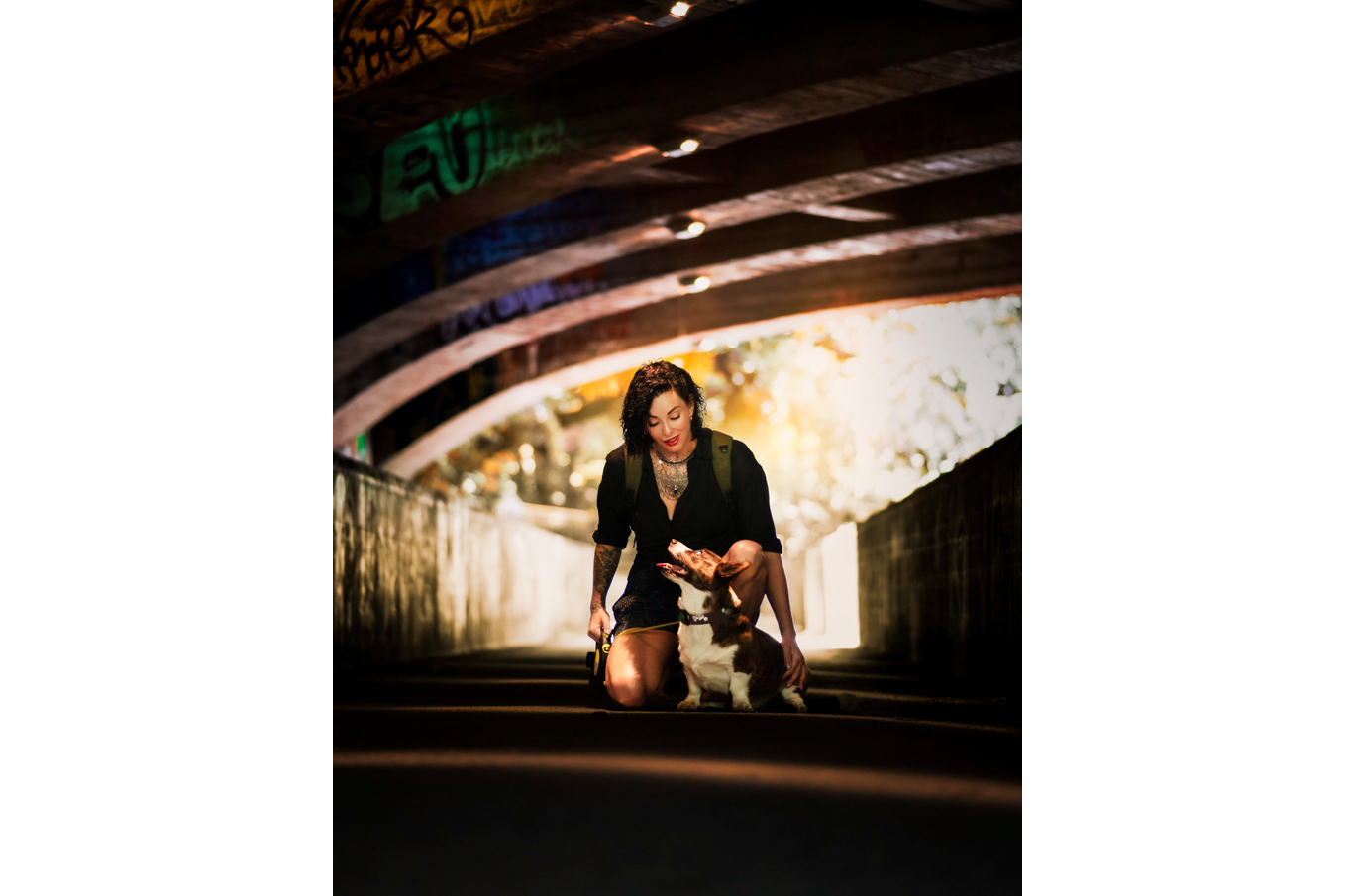 Person kneler ved siden av en hund på en solfylt gangsti under en bro.