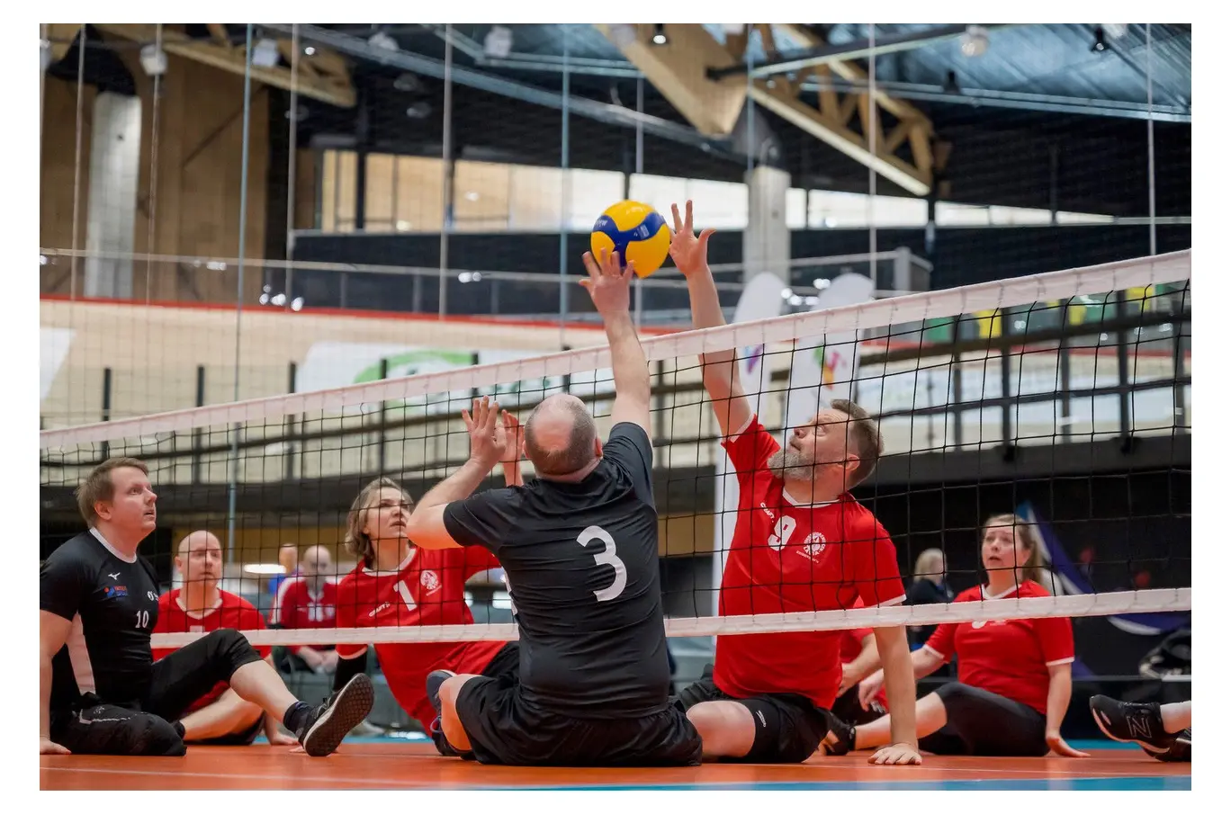 To personer spiller sittende volleyball, en i svart og en i rødt, begge strekker seg mot ballen over nettet
