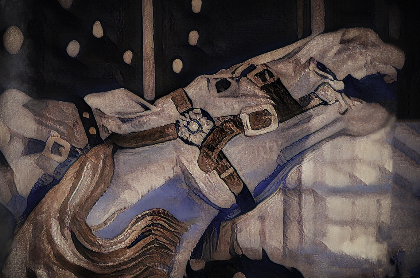 Et stilisert, detaljert bilde av hodet til en hvit karusellhest med skinnende brun manke og lærremmer