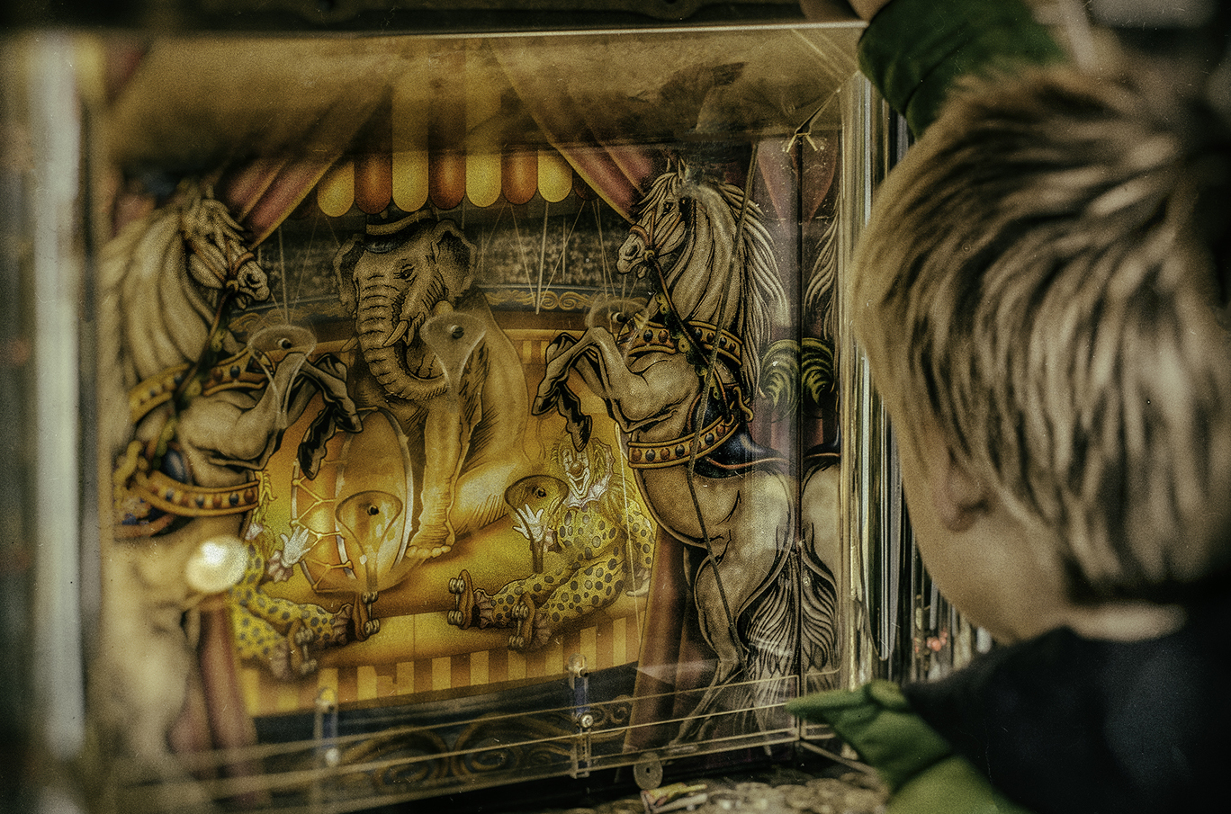 Et barn ser på en gammel glassinnrammet tegning av sirkusdyr med hester, en elefant og en frosk i et fargerikt telt