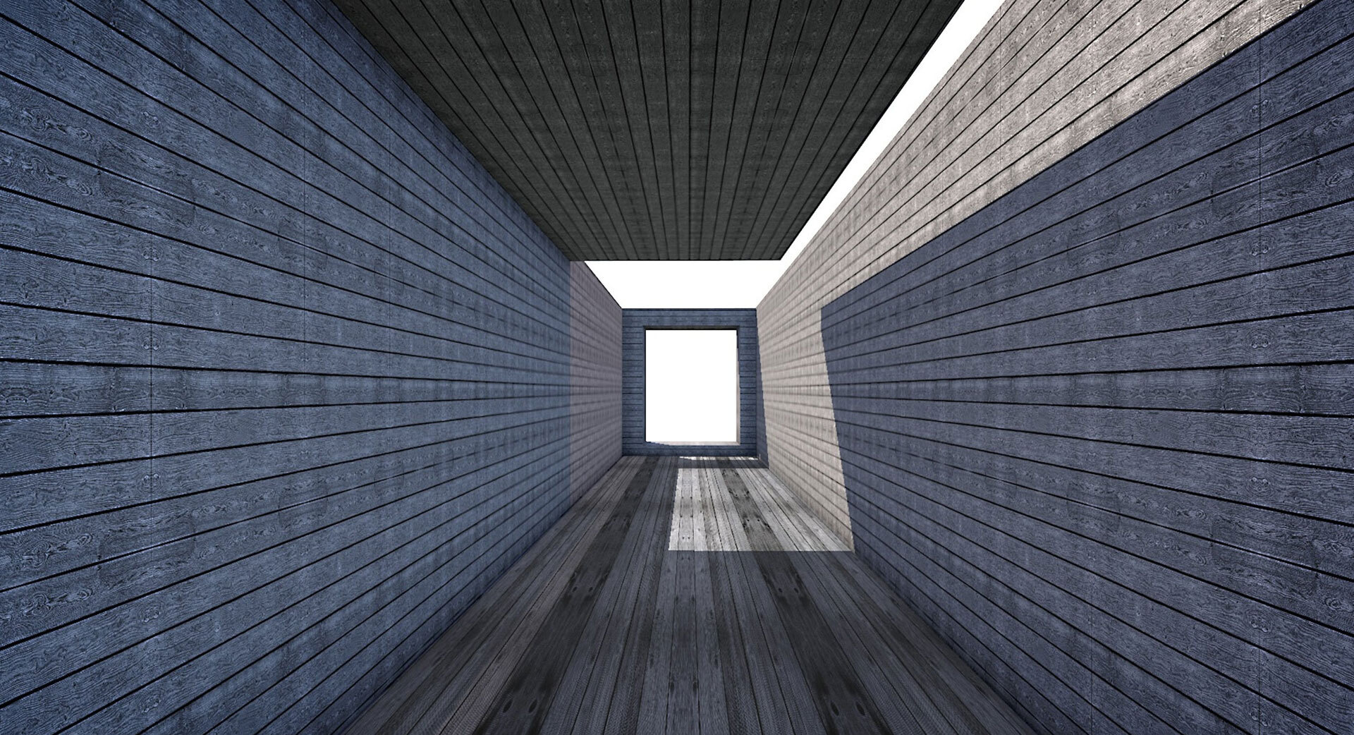 En lang, smal gang med trevegger, tretak og tregulv, som leder mot en firkantet åpning med lys i bakgrunnen