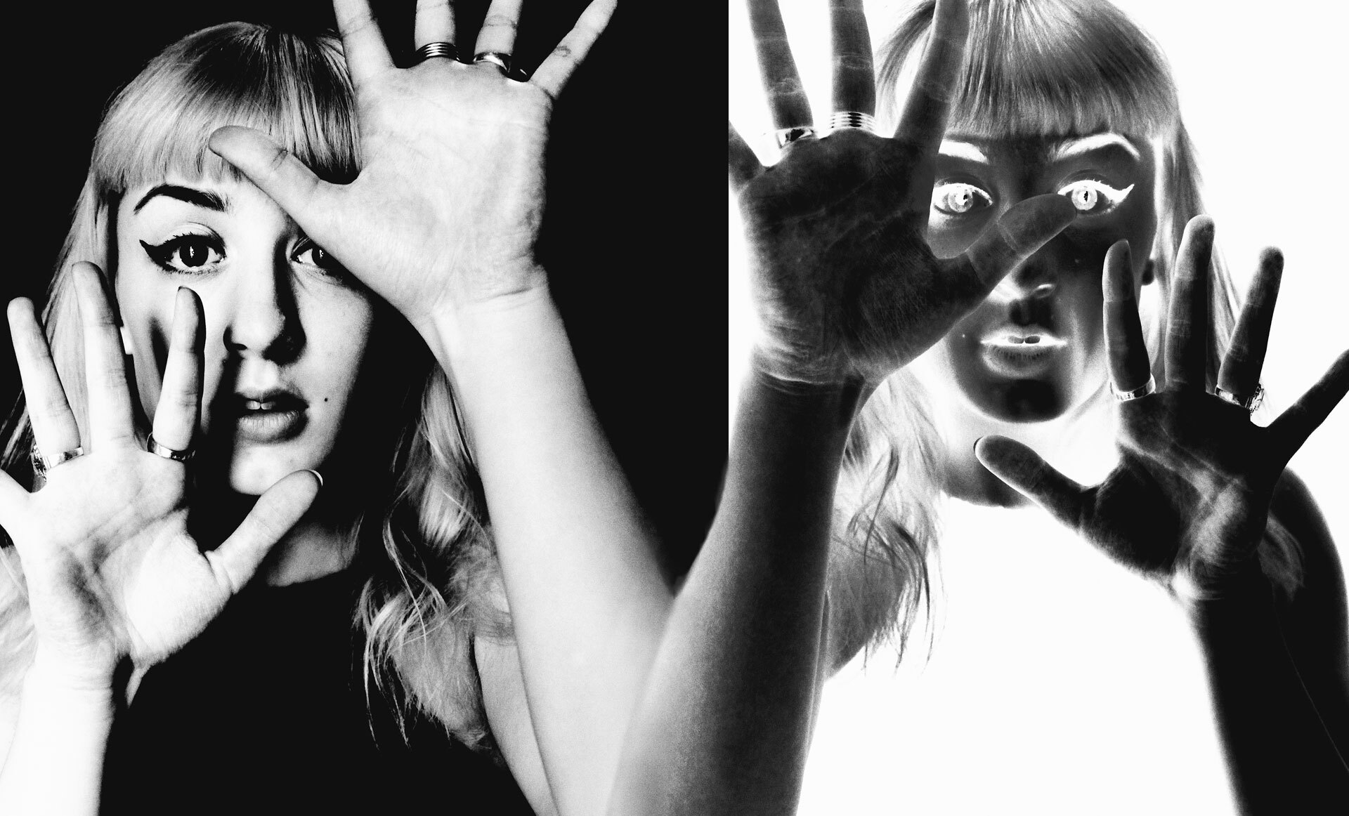 Svarthvitt bilde av hender som presses mot en flate med lys og skyggeeffekt.