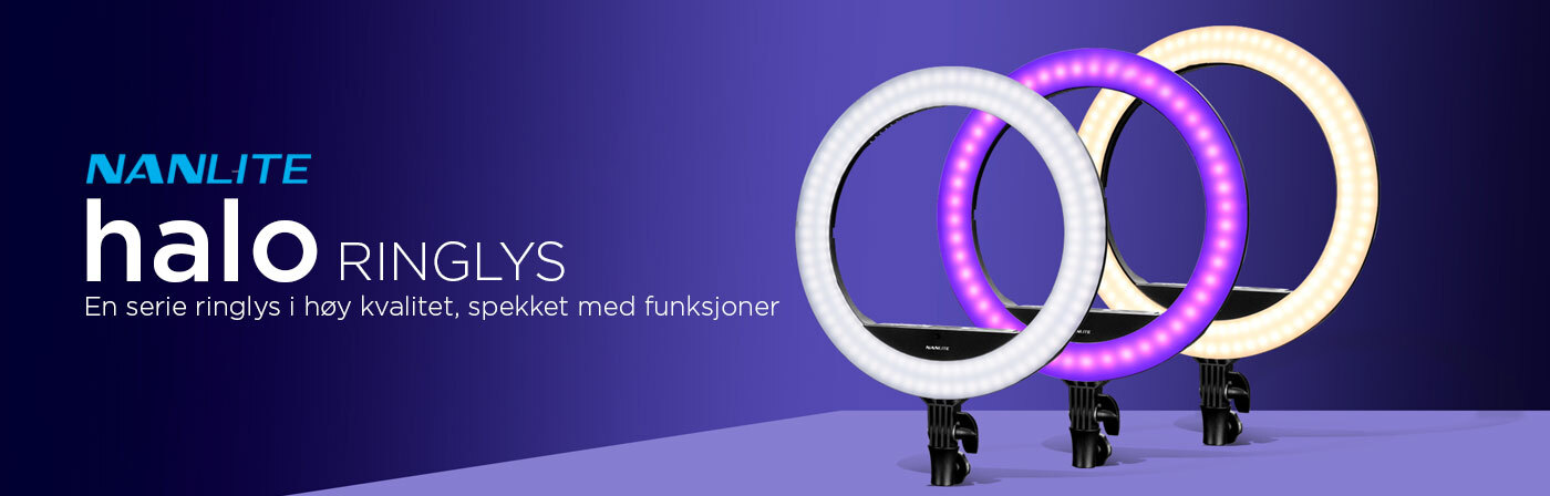 Tre runde ringlys i ulike fargetemperaturer, plassert på et lilla bakgrunnsfelt