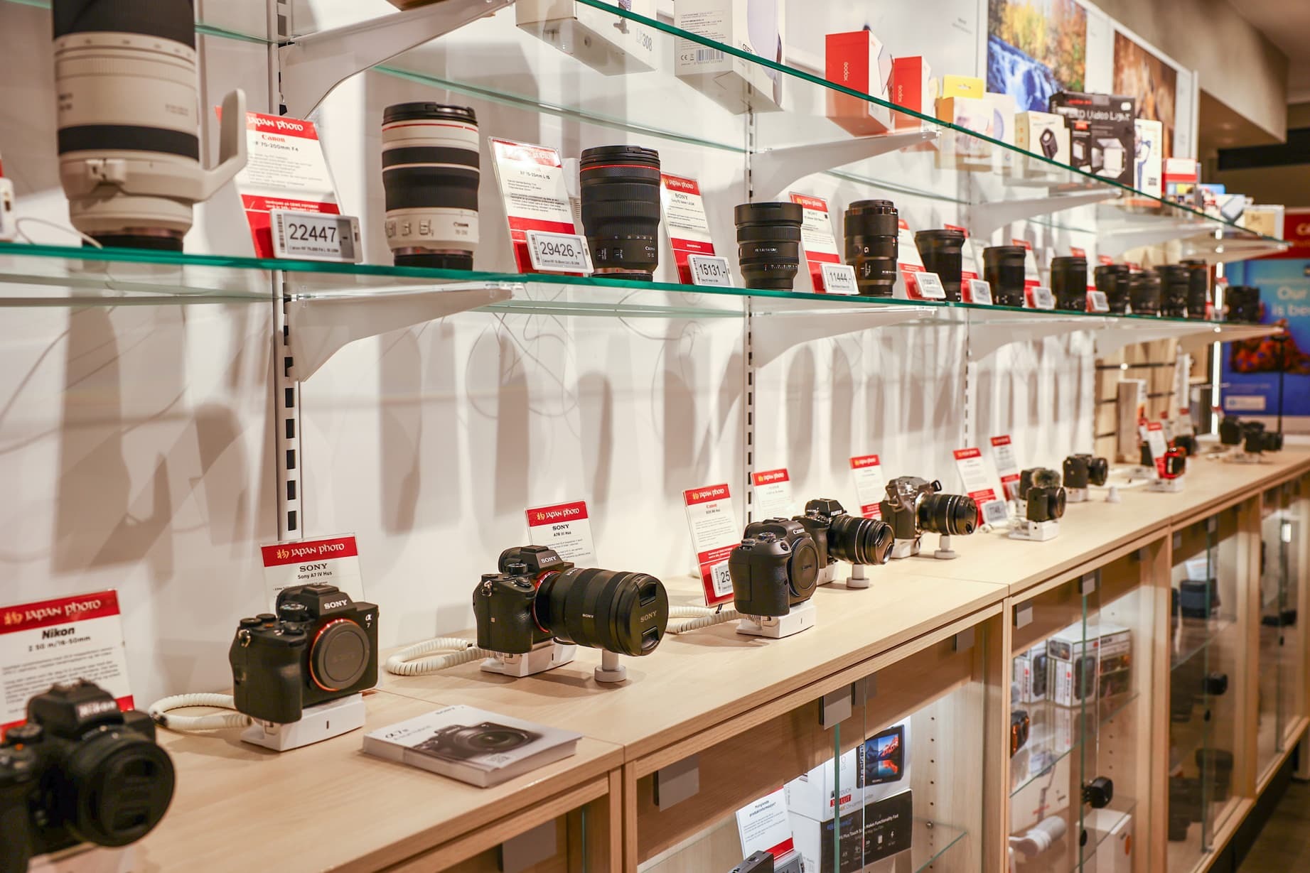 Utstilling av kameraer og linser på en opplyst butikkhylle, organisert etter modell og merke