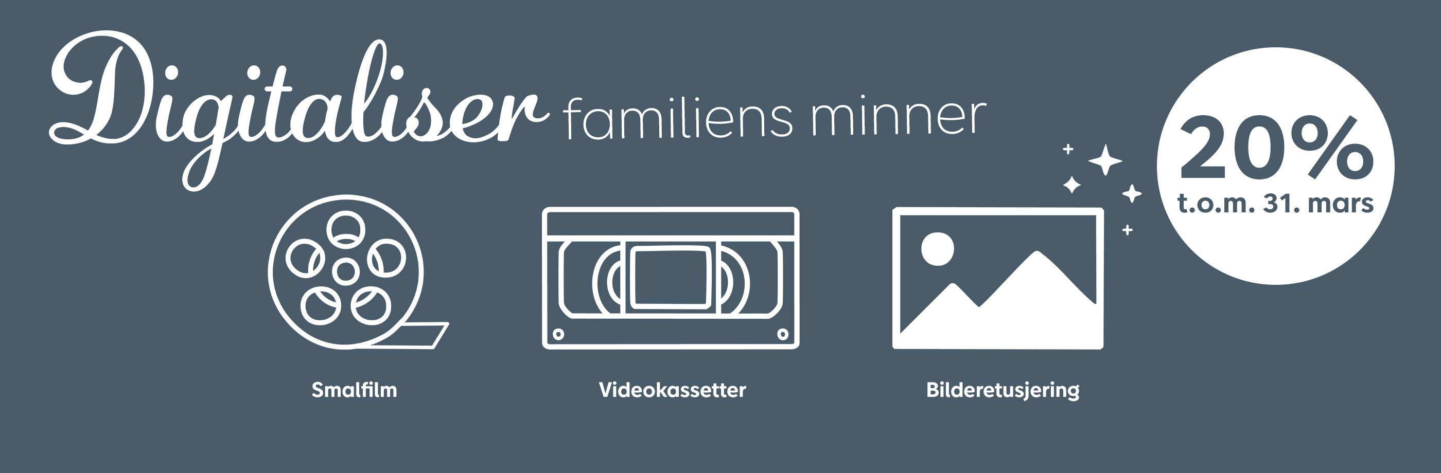 Digitaliser familiebilder og videominner med 20 prosent rabatt frem til 31. mars